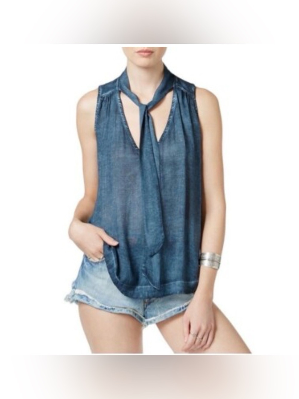 Free People Blue Tie Neck Sleeveless Tunic Top XS